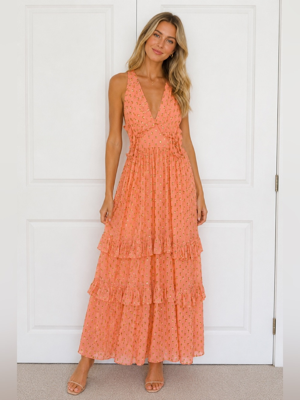 En Creme Peach/Coral & Gold Metallic Dot Maxi Dress ✨🍑 | Tiered Boho | NWT